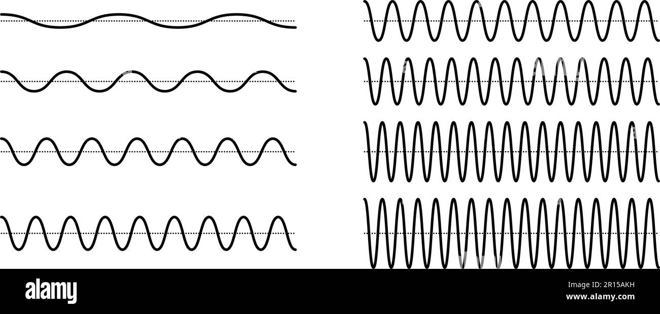 Sinusoid signals set. Black curve sound waves collection. Voice or music audio concept. Pulsating lines. Electronic radio graphics with different frequency and amplitude. Vector bundle  Stock Vector