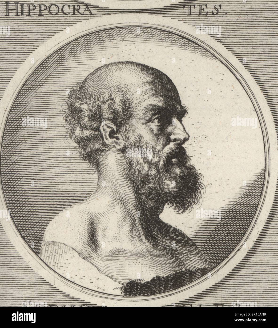 Hippocrates of Kos, also known as Hippocrates II, Greek physician of the classical period who is considered one of the most outstanding figures in the history of medicine, c.460-370 BC. Hippocrates. Copperplate engraving by Bartholomaus Kilian after an illustration by Joachim von Sandrart from his L’Academia Todesca, della Architectura, Scultura & Pittura, oder Teutsche Academie, der Edlen Bau- Bild- und Mahlerey-Kunste, German Academy of Architecture, Sculpture and Painting, Jacob von Sandrart, Nuremberg, 1675. Stock Photo