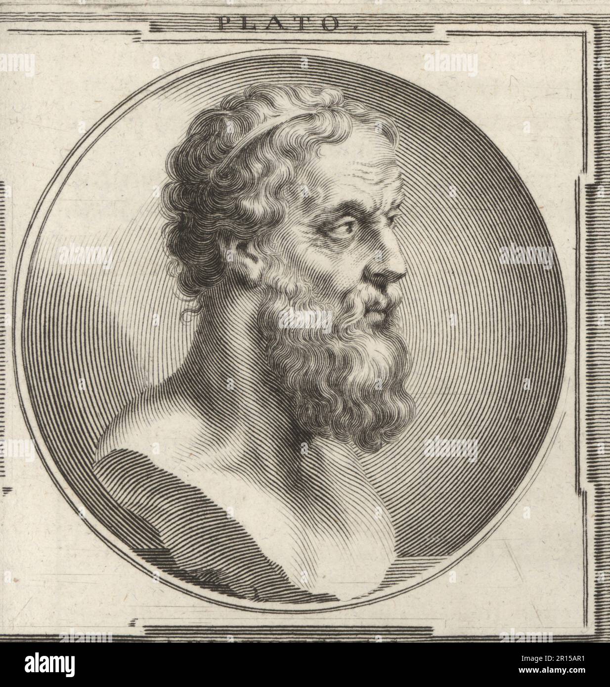 Plato, ancient Greek philosopher born in Athens during the Classical period in Ancient Greece, c.428-348 BC. Plato. Copperplate engraving by Bartholomaus Kilian after an illustration by Joachim von Sandrart from his L’Academia Todesca, della Architectura, Scultura & Pittura, oder Teutsche Academie, der Edlen Bau- Bild- und Mahlerey-Kunste, German Academy of Architecture, Sculpture and Painting, Jacob von Sandrart, Nuremberg, 1675. Stock Photo