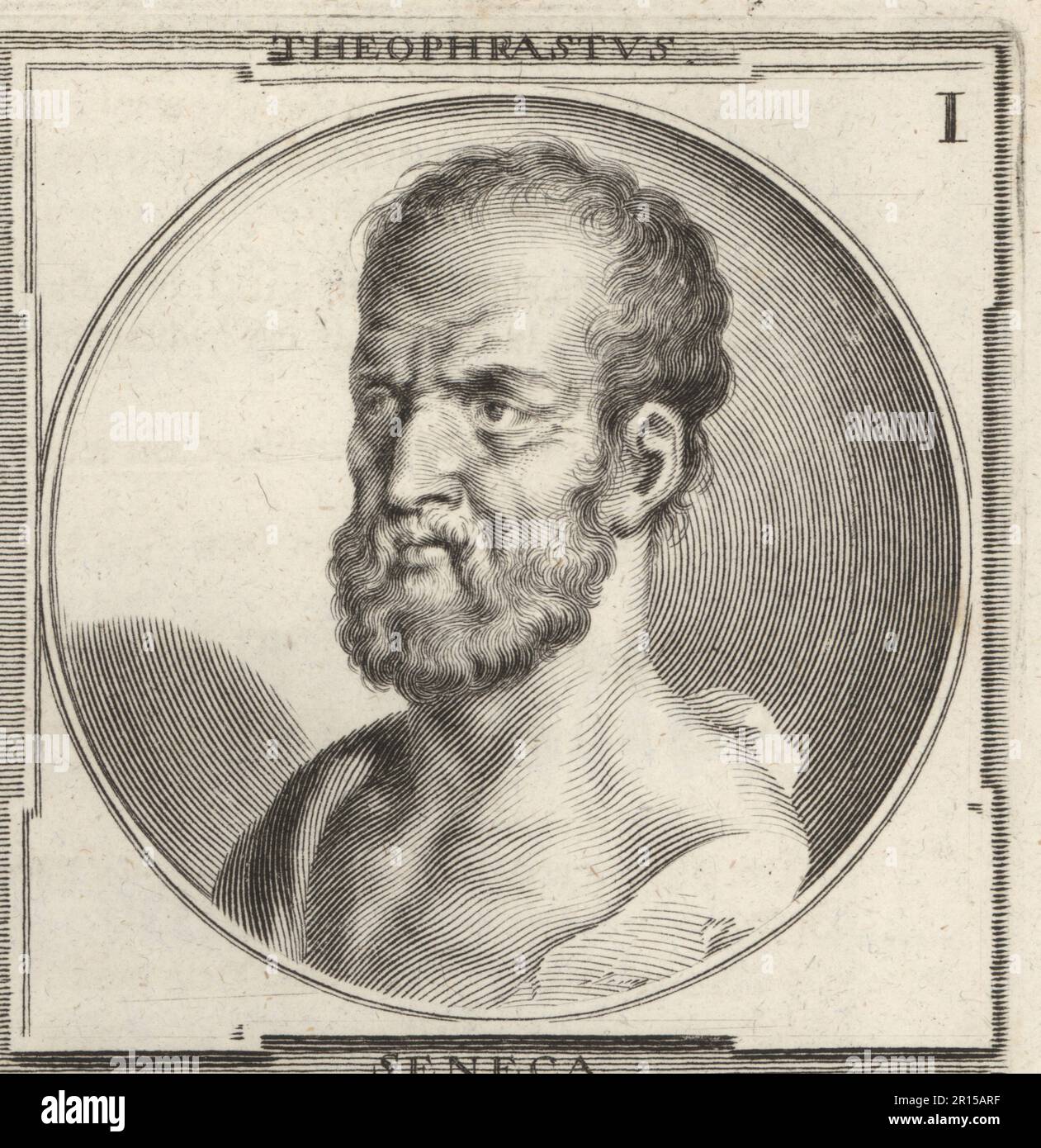 Theophrastus, Greek philosopher and the successor to Aristotle in the Peripatetic school, c.371-287 BC. Theophrastus. Copperplate engraving by Bartholomaus Kilian after an illustration by Joachim von Sandrart from his L’Academia Todesca, della Architectura, Scultura & Pittura, oder Teutsche Academie, der Edlen Bau- Bild- und Mahlerey-Kunste, German Academy of Architecture, Sculpture and Painting, Jacob von Sandrart, Nuremberg, 1675. Stock Photo