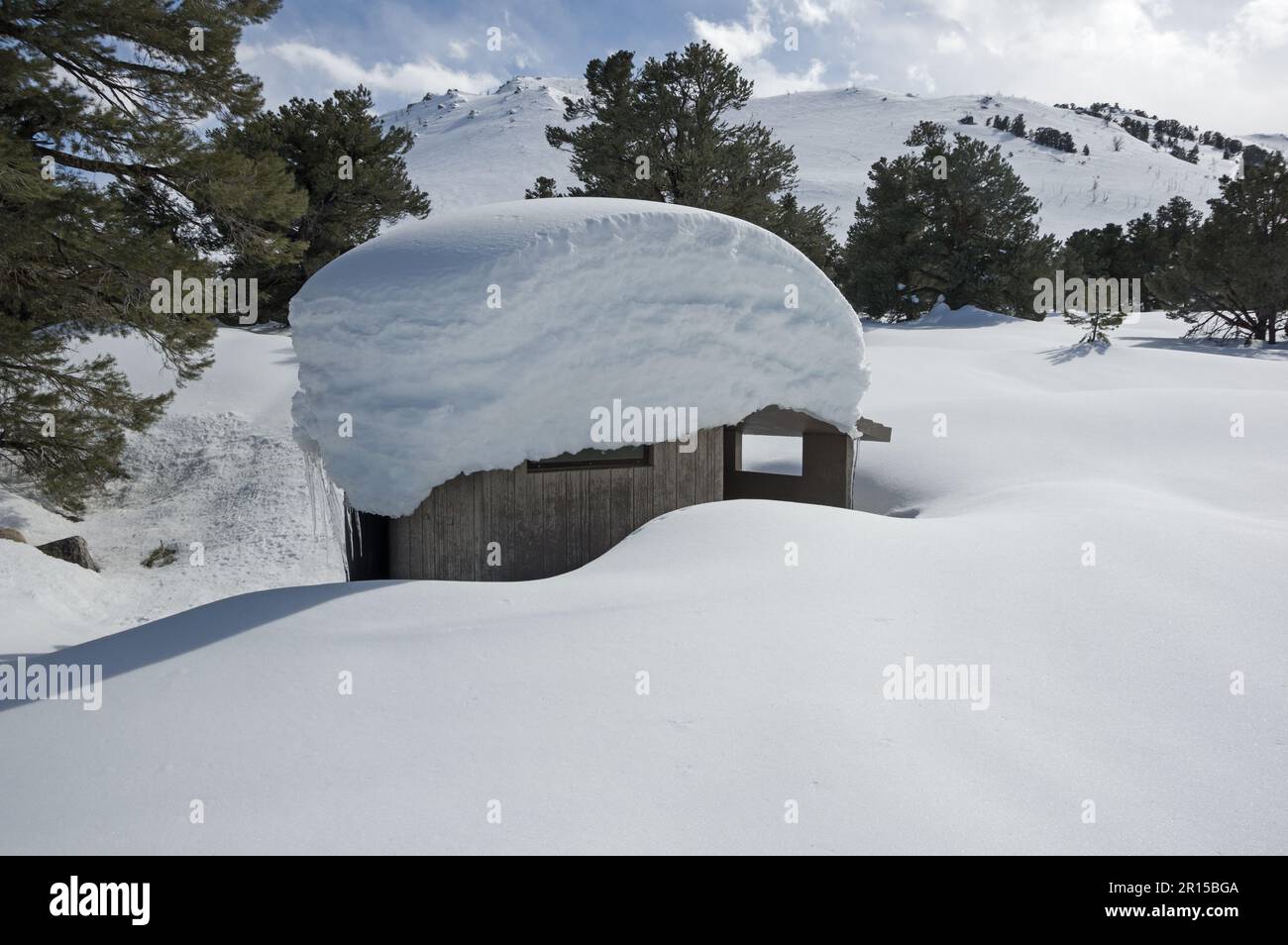 an outhouse at a Sierra Nevada campground in California buried in deep spring snow Stock Photo