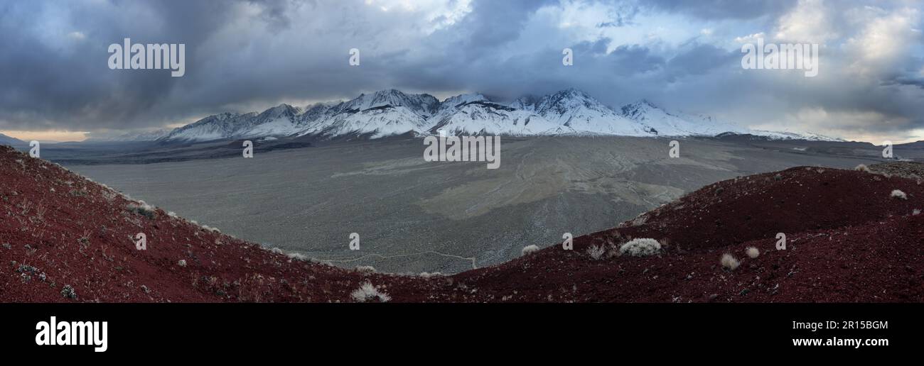winter panorama of the Owens Valley and the Sierra Nevada Mountains from Red Mountain with a stormy sky Stock Photo