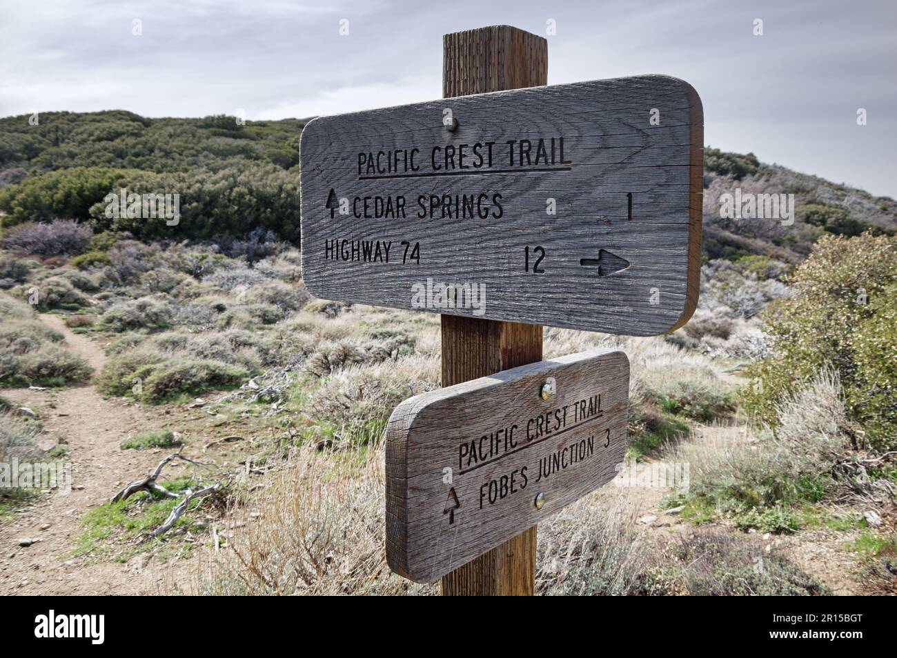 sign at a junction with the Pacific Crest Trail or PCT in southern California Stock Photo