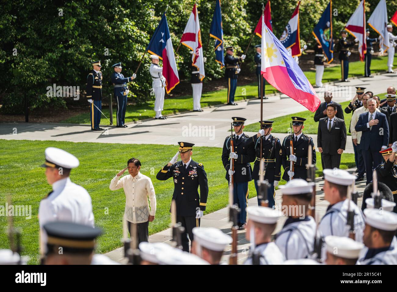 U.S. Army Maj. Gen. Allan M. Pepin, the commander of Joint Force Headquarters-National Capital Region and U.S. Army Military District of Washington, briefs the President of the Philippines Ferdinand R. Marcos, Jr.,  during a wreath-laying ceremony at the Tomb of the Unknown Soldier at Arlington National Cemetary in Arlington, Virginia, May 4, 2023. (U.S. Army photo by Mr. Henry Villarama) Stock Photo