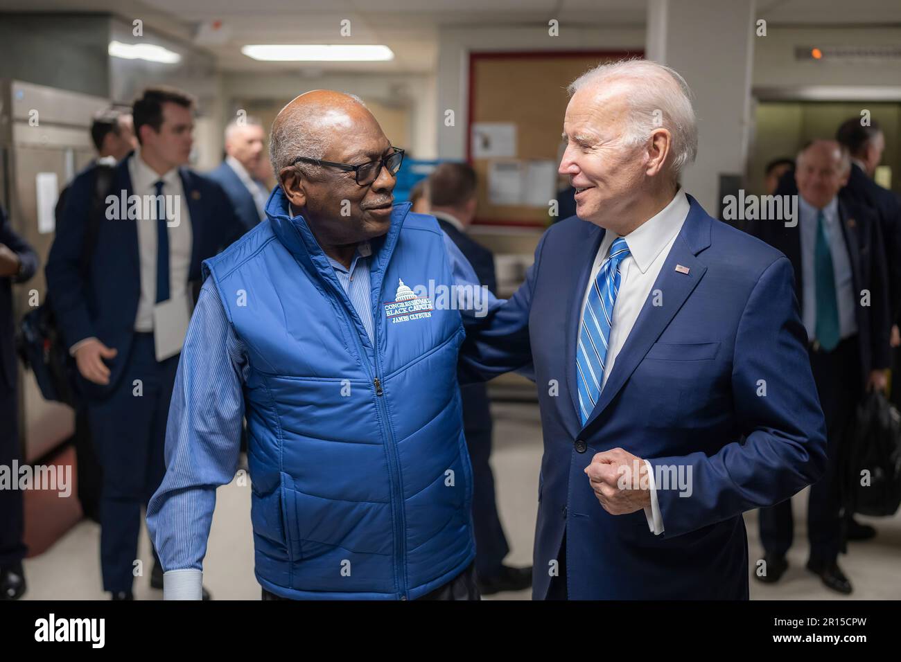 President Joe Biden greets Rep. Jim Clyburn (D-SC) at the Democratic House Caucus Retreat, Wednesday, March 1, 2023, at the Hyatt Regency Baltimore Inner Harbor in Baltimore. (Official White House Photo by Adam Schultz) Stock Photo