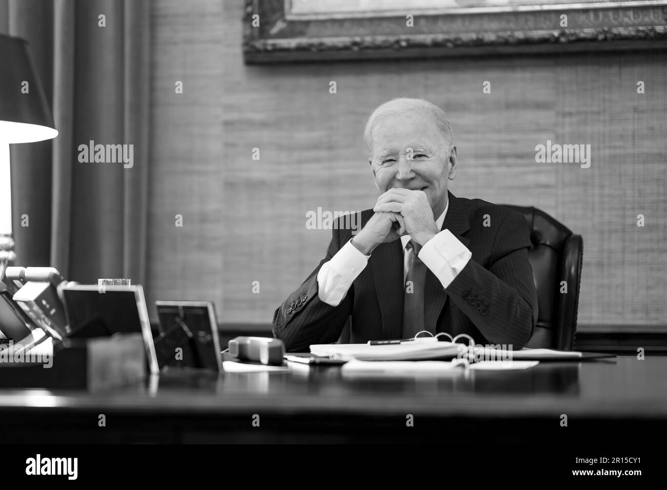 President Joe Biden talks on the phone with Nguyen Phu Trong, General Secretary of the Communist Party of Vietnam, on National Vietnam War Veterans Day, Wednesday, March 29, 2023, in the Treaty Room of the White House. (Official White House Photo by Adam Schultz) Stock Photo