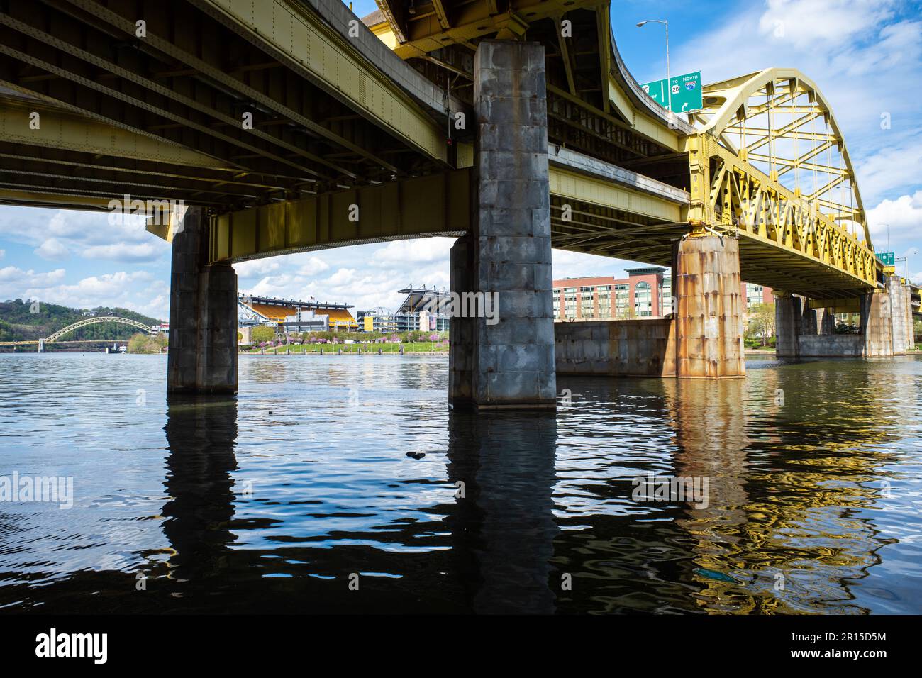 From below, the Fort Duquesne Bridge spans the Allegheny River in