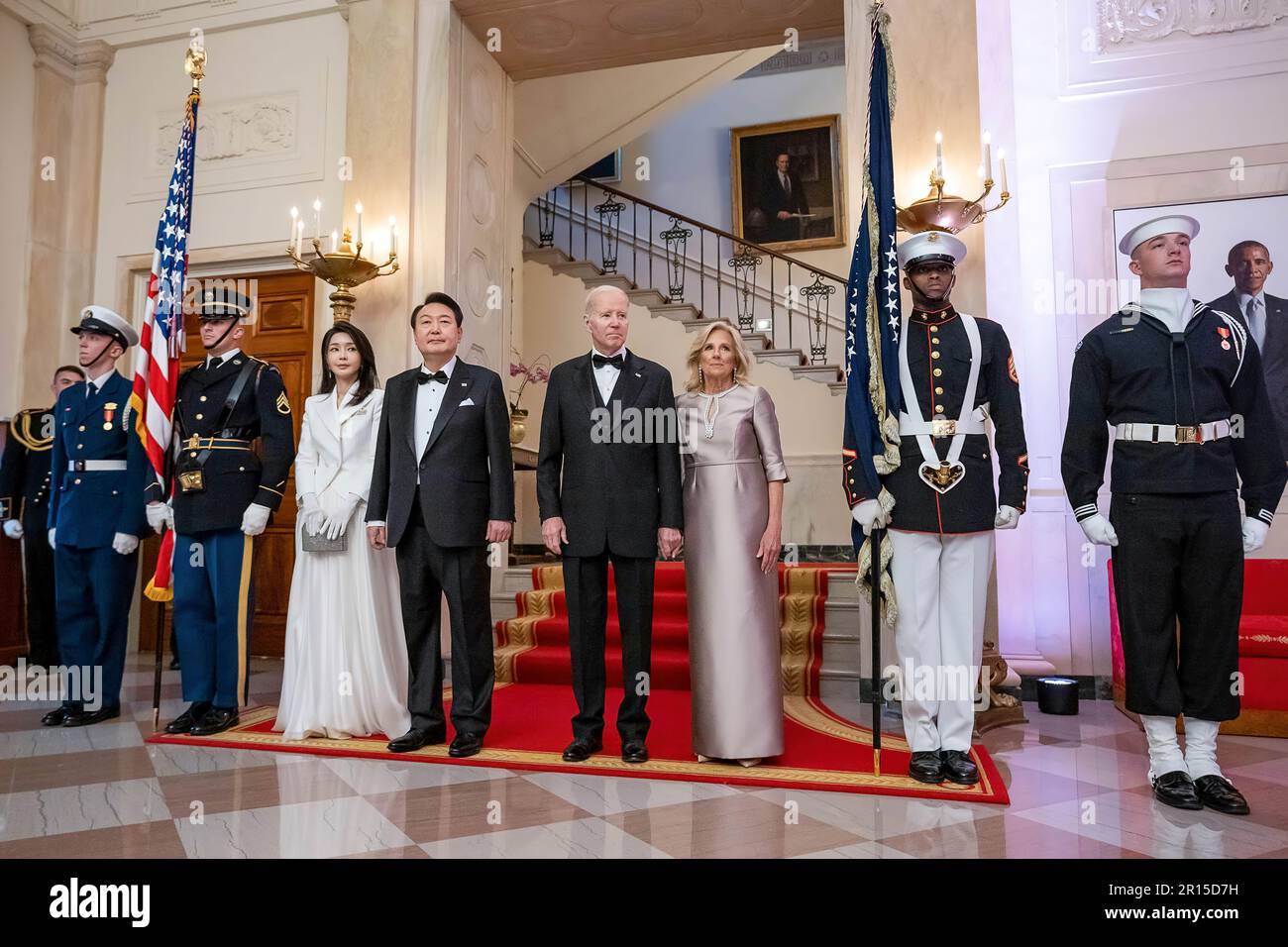 President Joe Biden and First Lady Jill Biden pose for a photo with President Yoon Suk Yeol of the Republic of Korea and Mrs. Kim Keon Hee by the Grand Staircase prior to a State Dinner, Wednesday, April 26, 2023, at the White House. (Official White House Photo by Cameron Smith) Stock Photo