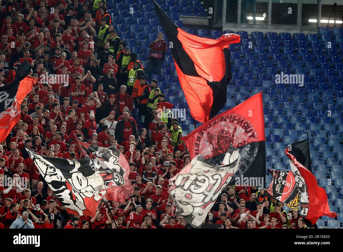 Rome, Italy. 11th May, 2023. Leverkusen fans waved flags during of the ...