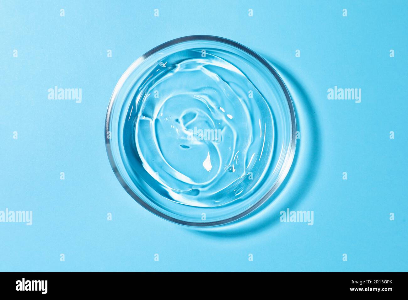 Petri dish with liquid on light blue background, top view Stock Photo ...