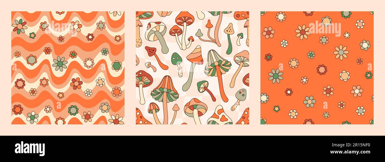 Groovy Mushrooms and Daisy Flowers Seamless Patterns Set. Retro Hippie Vector Background in 70s 80s Style for Print on Textile, Wrapping Paper Stock Vector