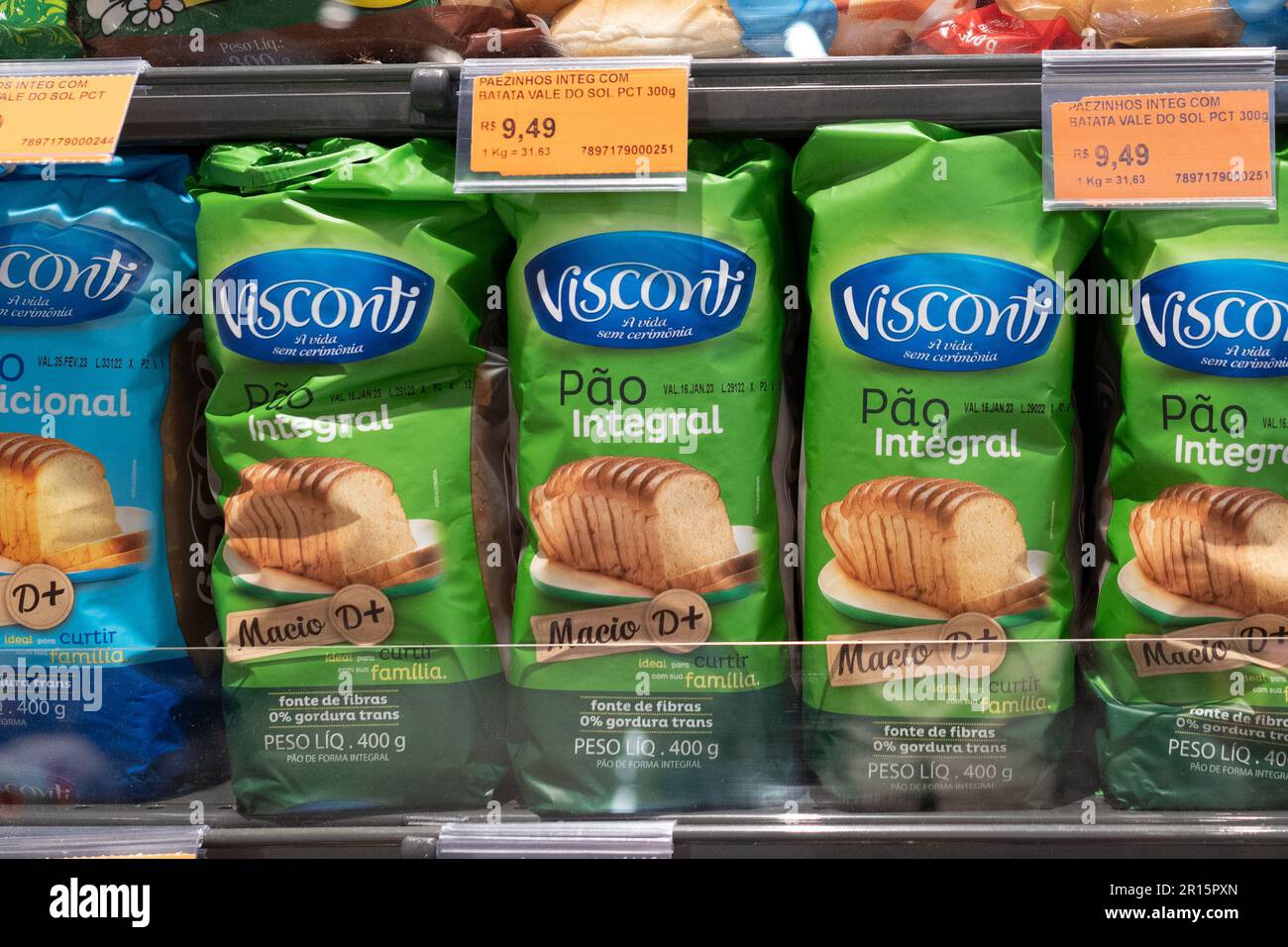 Petropolis, RJ, Brazil. 19 December 2023. Supermarket store shelf with visconti whole wheat bread, with price tags underneath of them Stock Photo