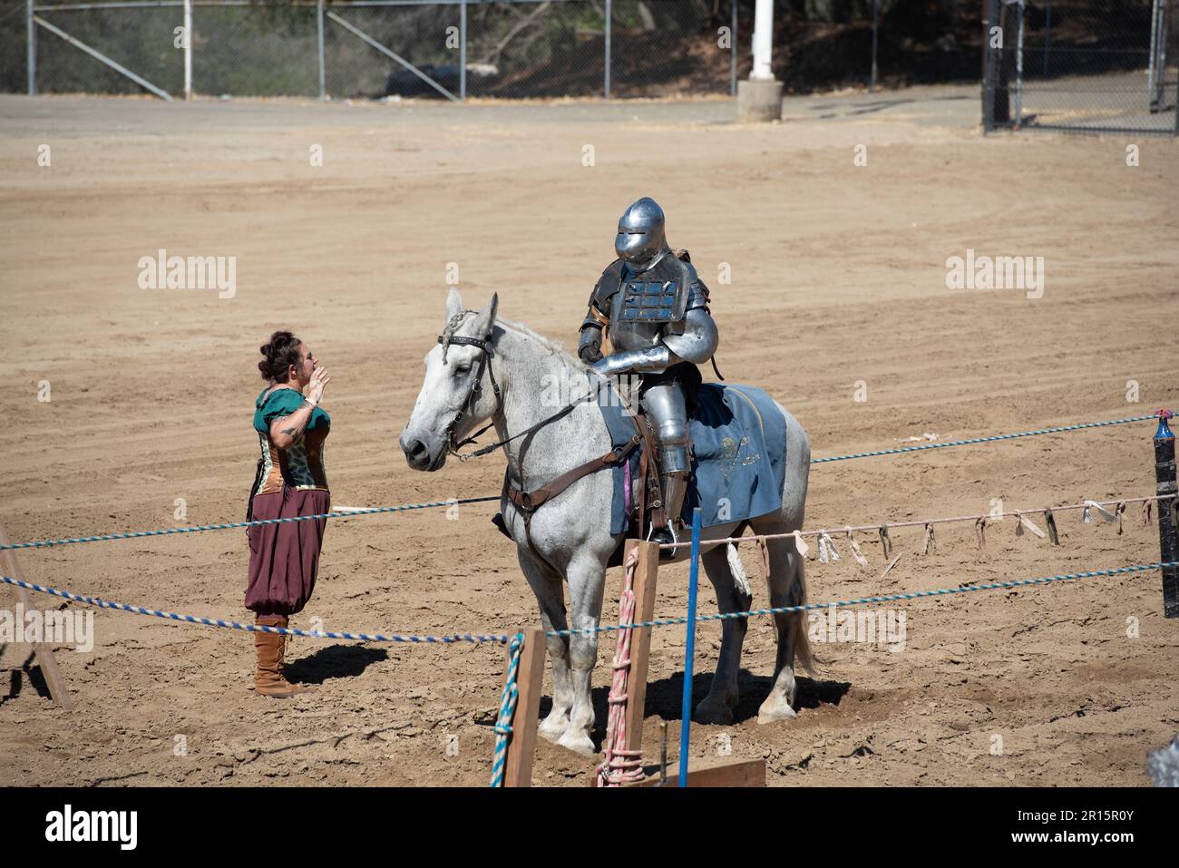 Folsom, CA, September 24, 2022. Unidentified male at the Folsom Renaissance Faire dressed as a knight ridding a white horse Stock Photo