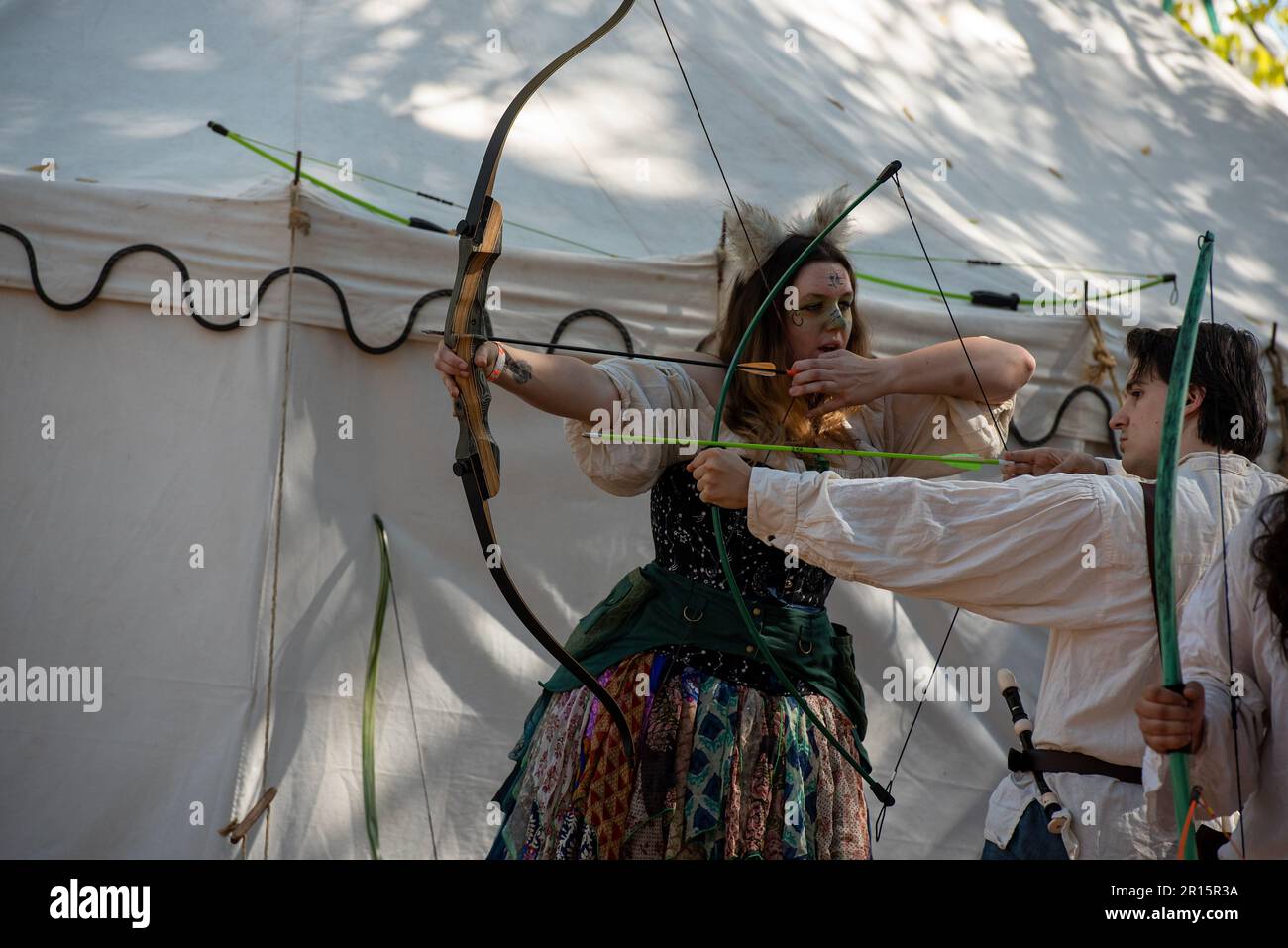 Folsom, CA, September 24, 2022. Archery lesson and the public at the Folsom Renaissance Faire. Stock Photo
