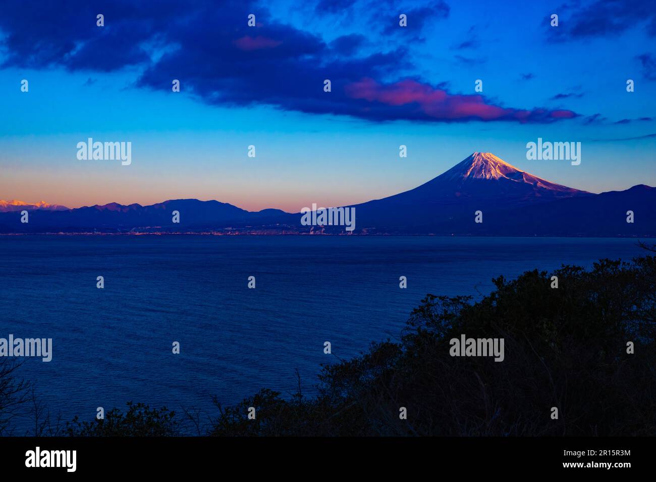 A dawn landscape of Mt Fuji near Suruga coast in Shizuoka Stock Photo