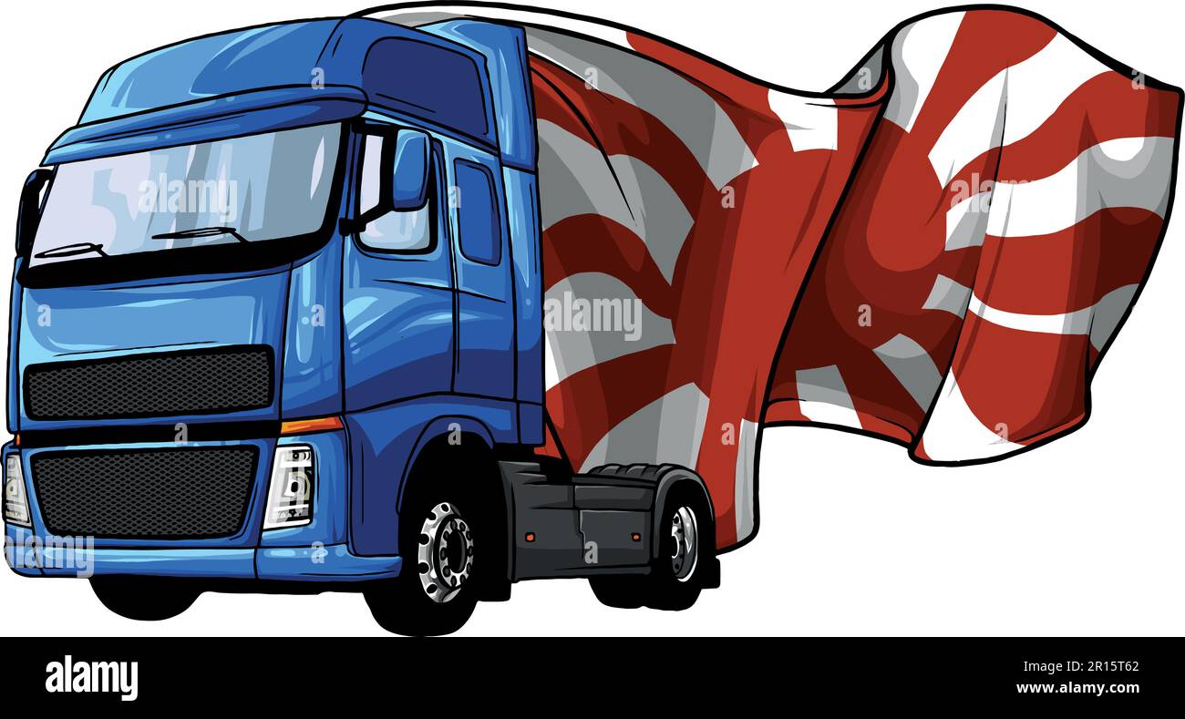 vector illustration of semi truck with rising Japanese flag Stock