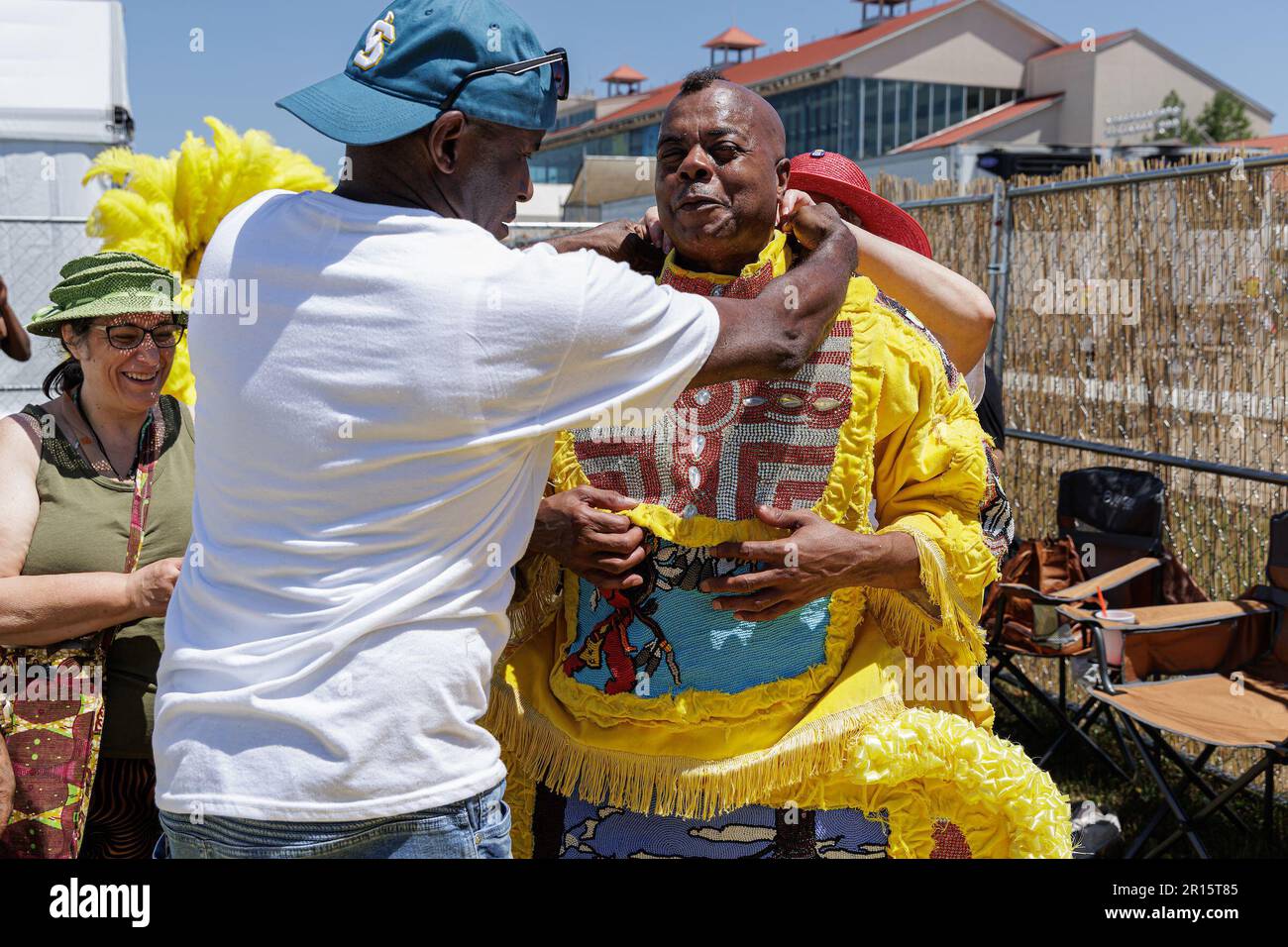 New Orleans, United States. 28th Apr, 2023. New Orleans Jazz & Heritage Festival Mardi Gras Indian Parade Participants March In Fair Grounds Race Course (Photo by Penny Collins/NurPhoto) Credit: NurPhoto SRL/Alamy Live News Stock Photo