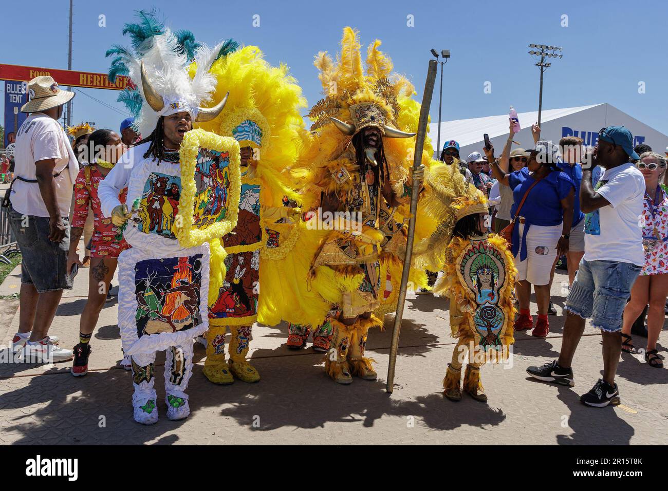 New Orleans, United States. 28th Apr, 2023. New Orleans Jazz & Heritage Festival Mardi Gras Indian Parade Participants March In Fair Grounds Race Course (Photo by Penny Collins/NurPhoto) Credit: NurPhoto SRL/Alamy Live News Stock Photo