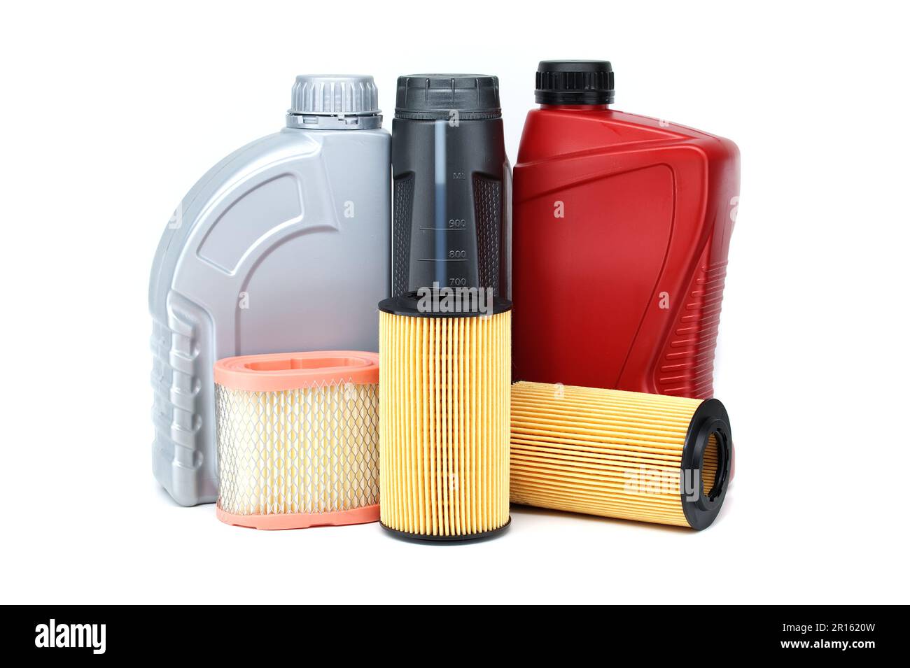 Car oil filters elements and motor oil can isolated on a white