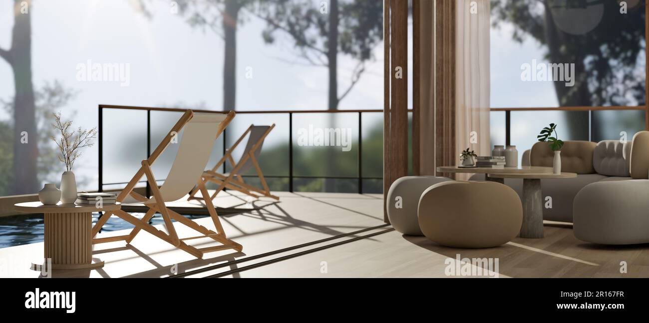 View of Interior design of a modern contemporary living room with pool access ...