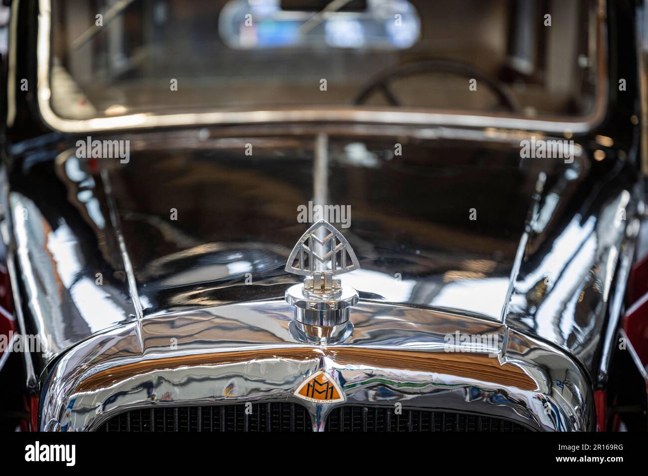 Closeup with brand emblem of a Maybach classic car type SW38 year of construction 1938