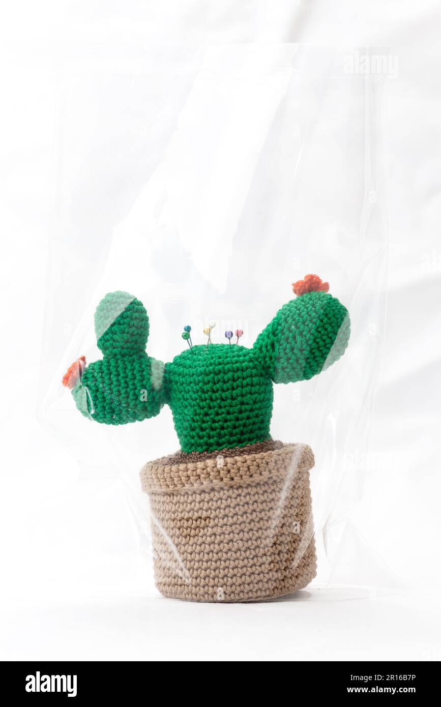 pincushion in the shape of a cactus in a pot, crocheted, on a white background Stock Photo