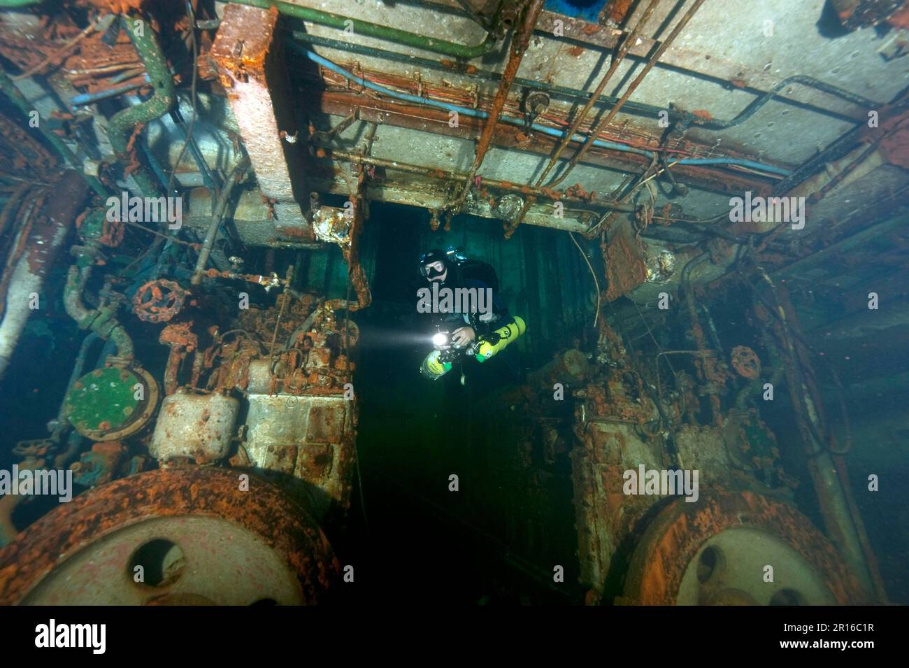 Tech diver in wreck, engine room, diesel engine, tech diving, technical