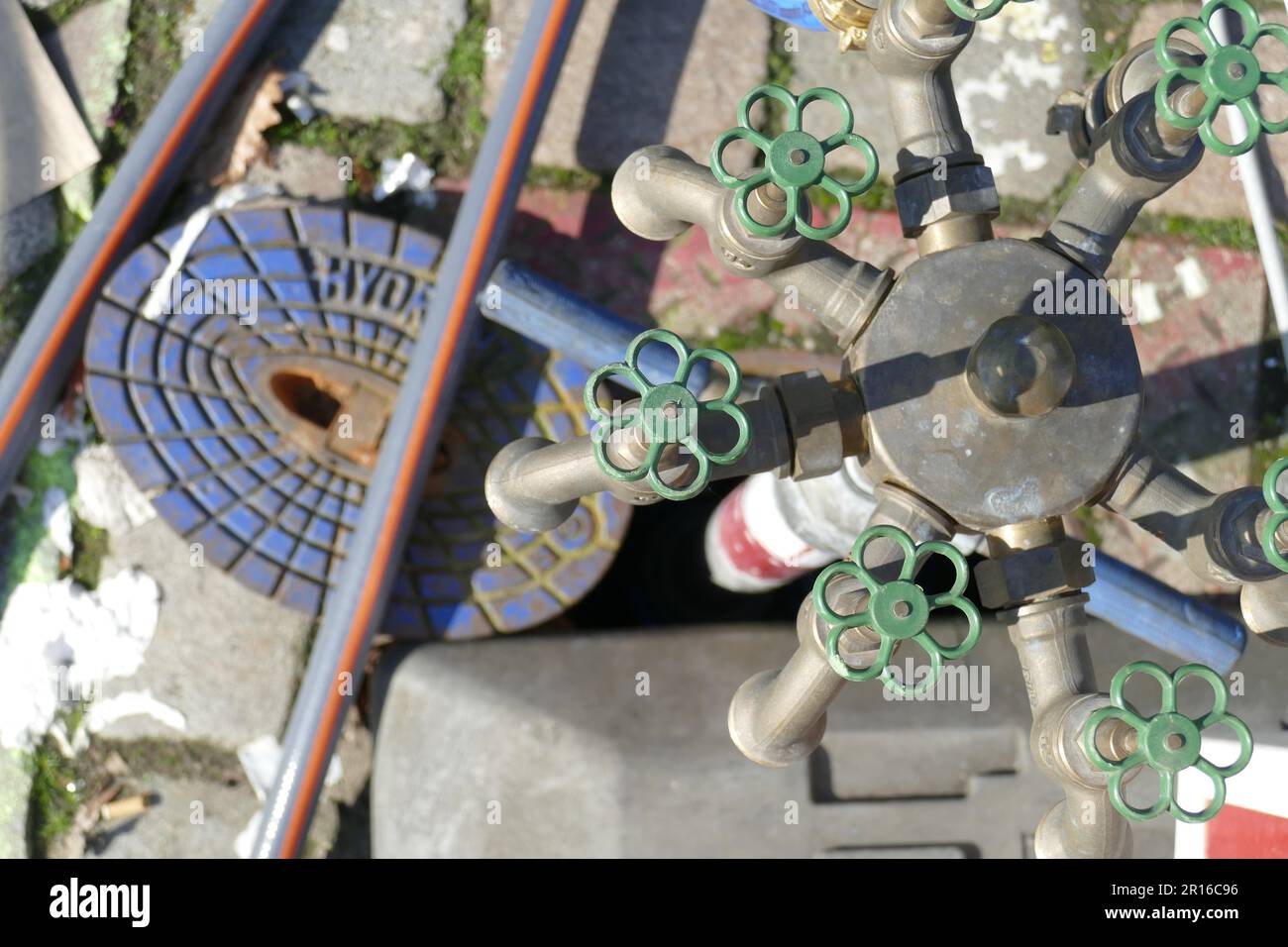 Standpipe with water taps at an underground hydrant, Germany Stock