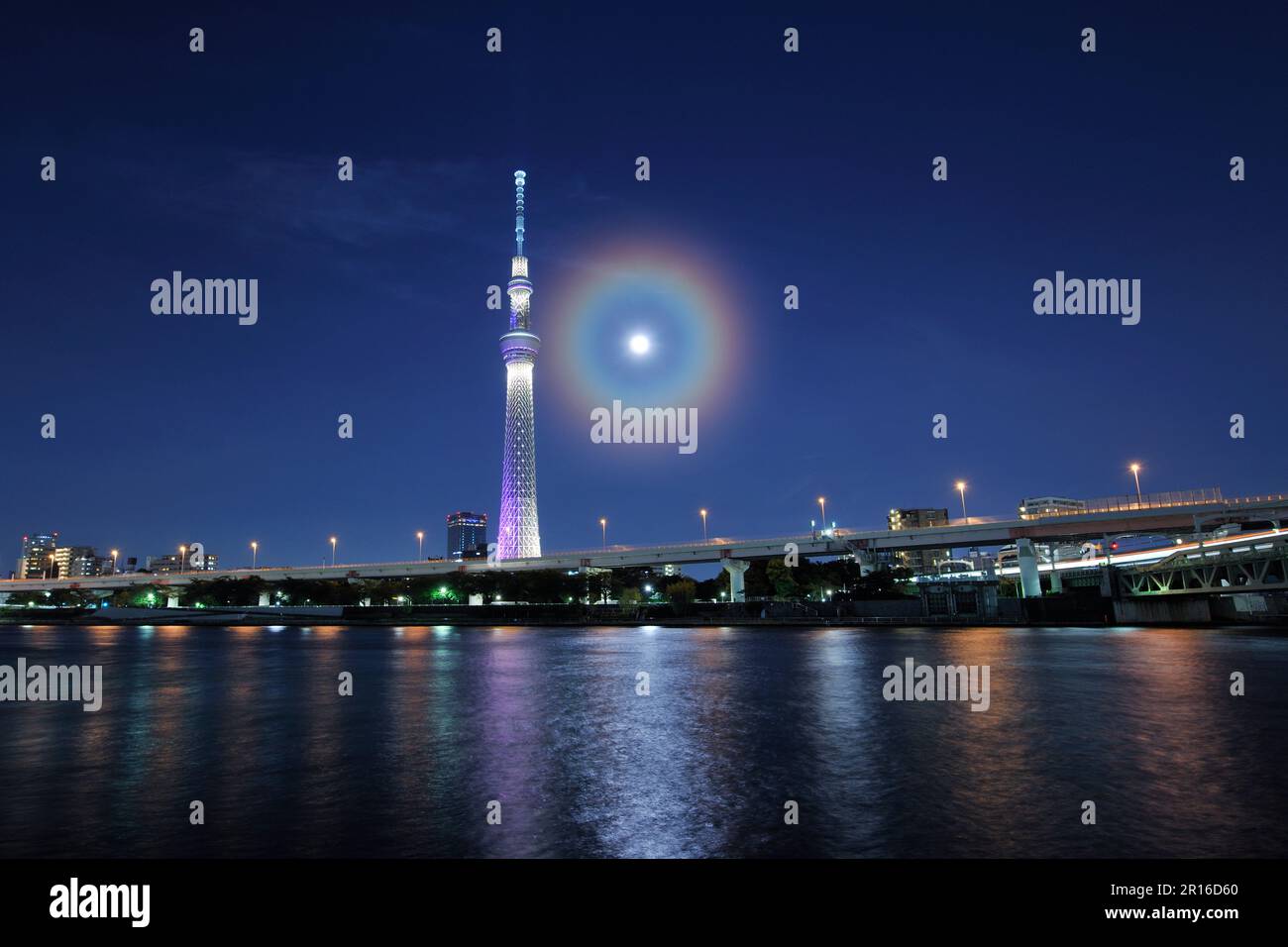 Full moon view of Tokyo sky tree and Sumida river Stock Photo
