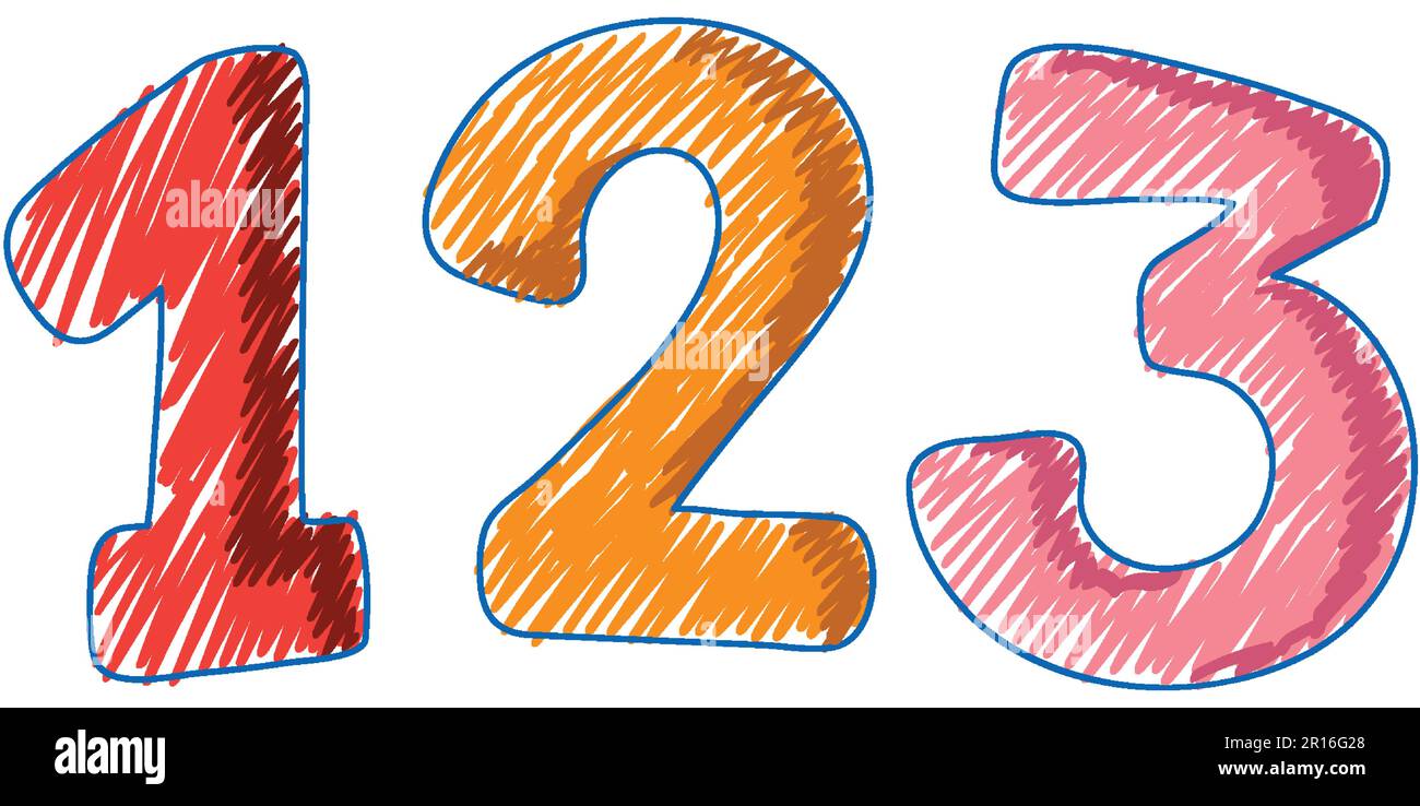 Numbers in Pencil Colour Sketch Simple Style illustration Stock Vector