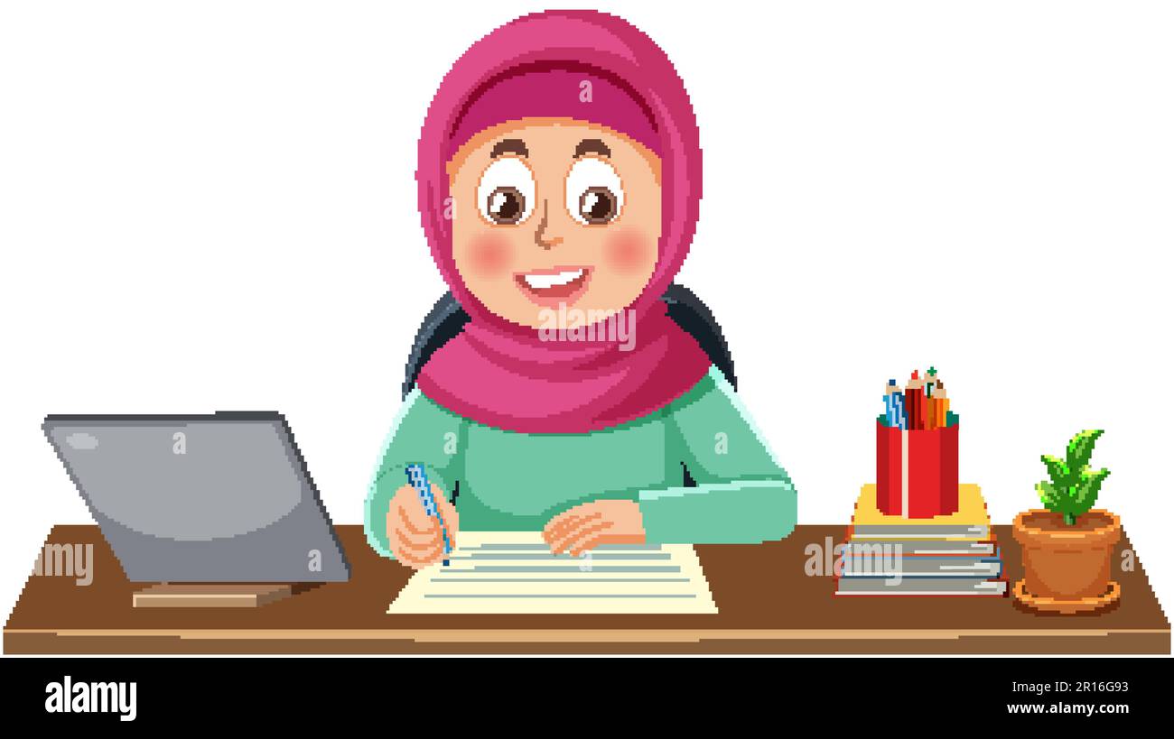 Muslim Girl Working at the Table Vector illustration Stock Vector Image ...