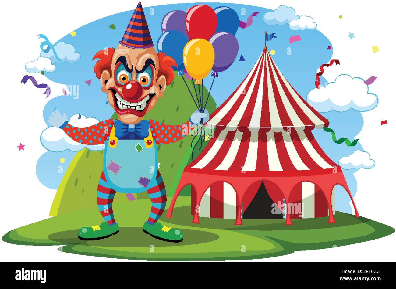 Creepy clown with circus tent background illustration Stock Vector