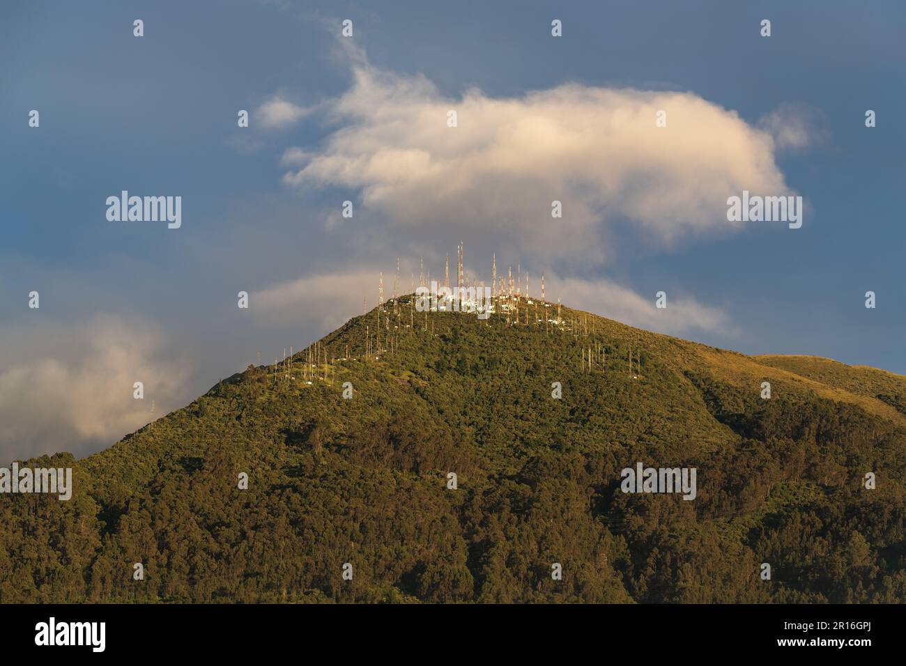 Antenna mountain peak at sunrise, Pichincha Volcano, Quito, Pichincha province, Ecuador. Stock Photo