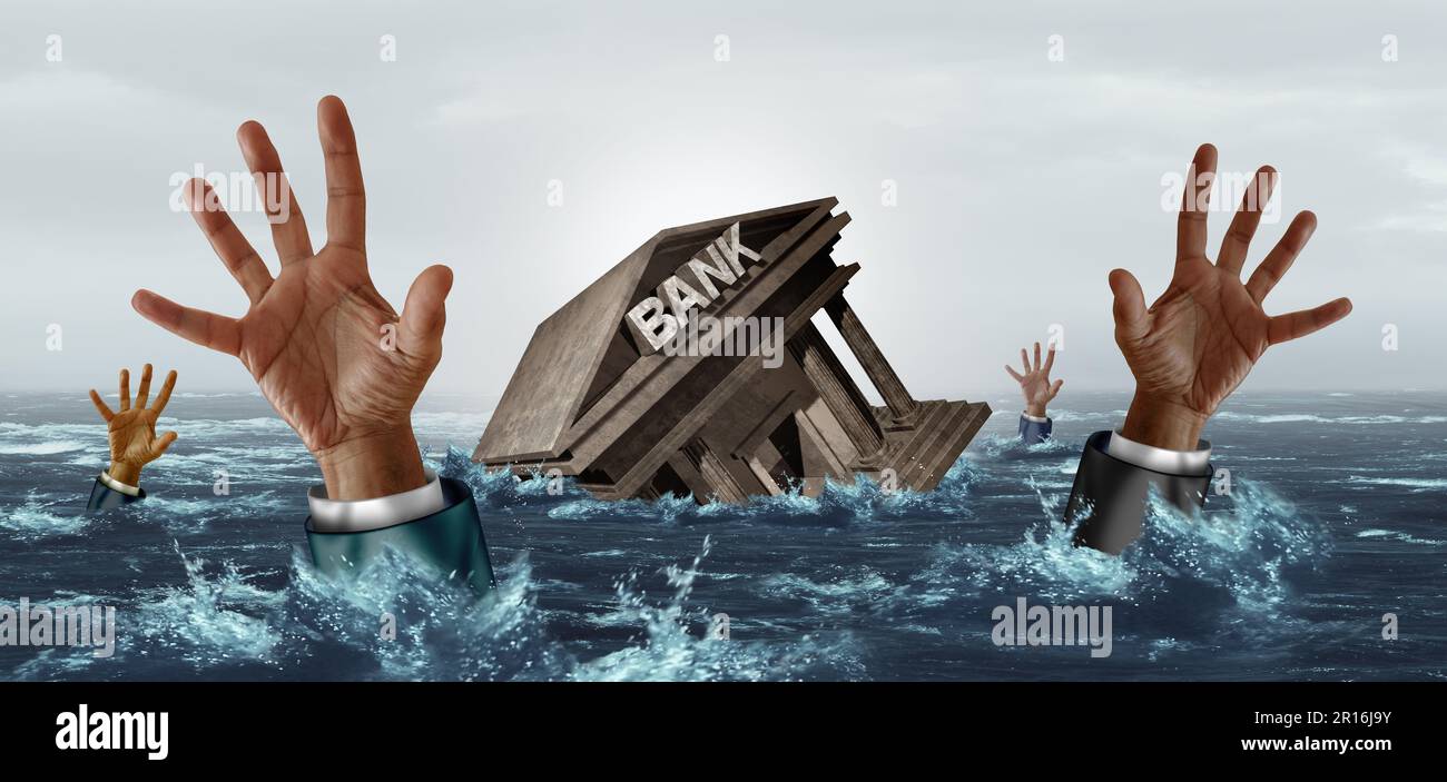 Banking crisis and bank Default as regional Banks drowning in debt with financial instability or insolvency concept as drowning investors in panic Stock Photo