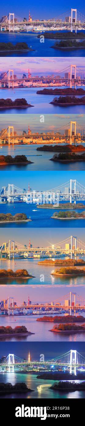 Tokyo Tower and Rainbow Bridge in seven colors Stock Photo - Alamy