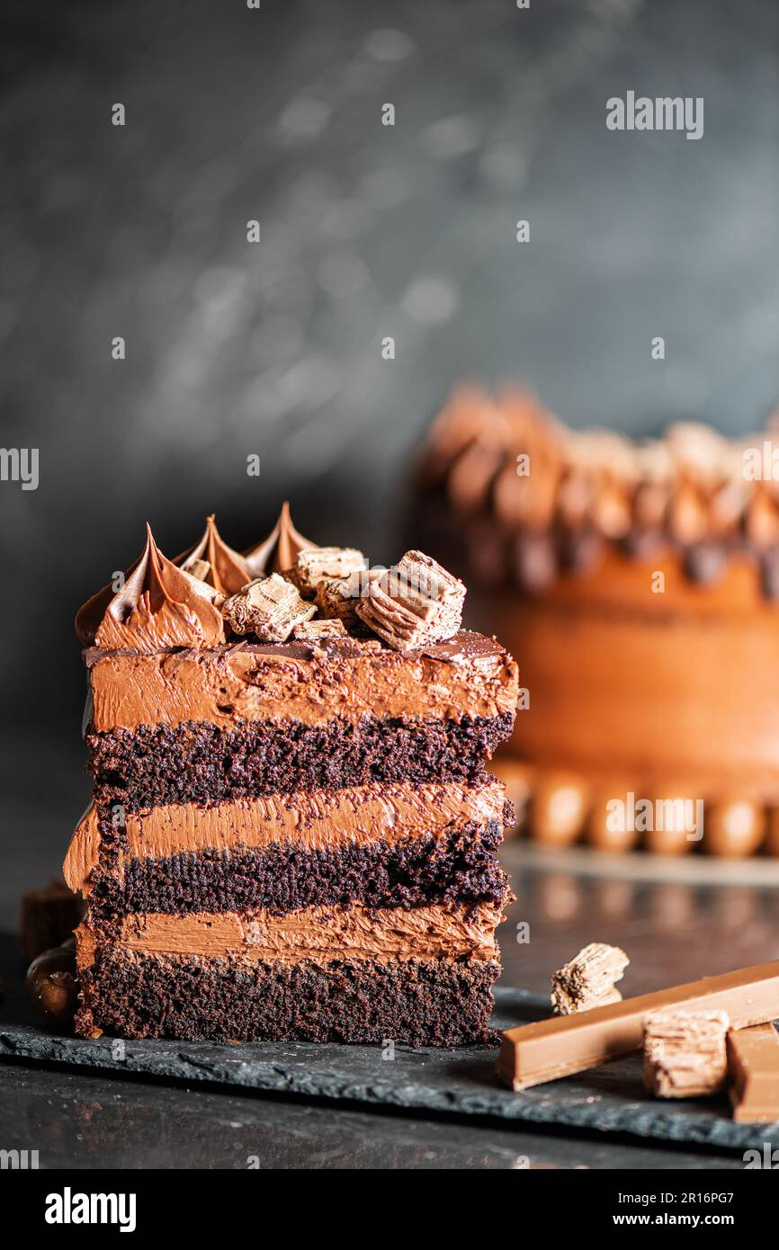 Deliciously moist Chocolate Mud Cake with whipped ganache, milk