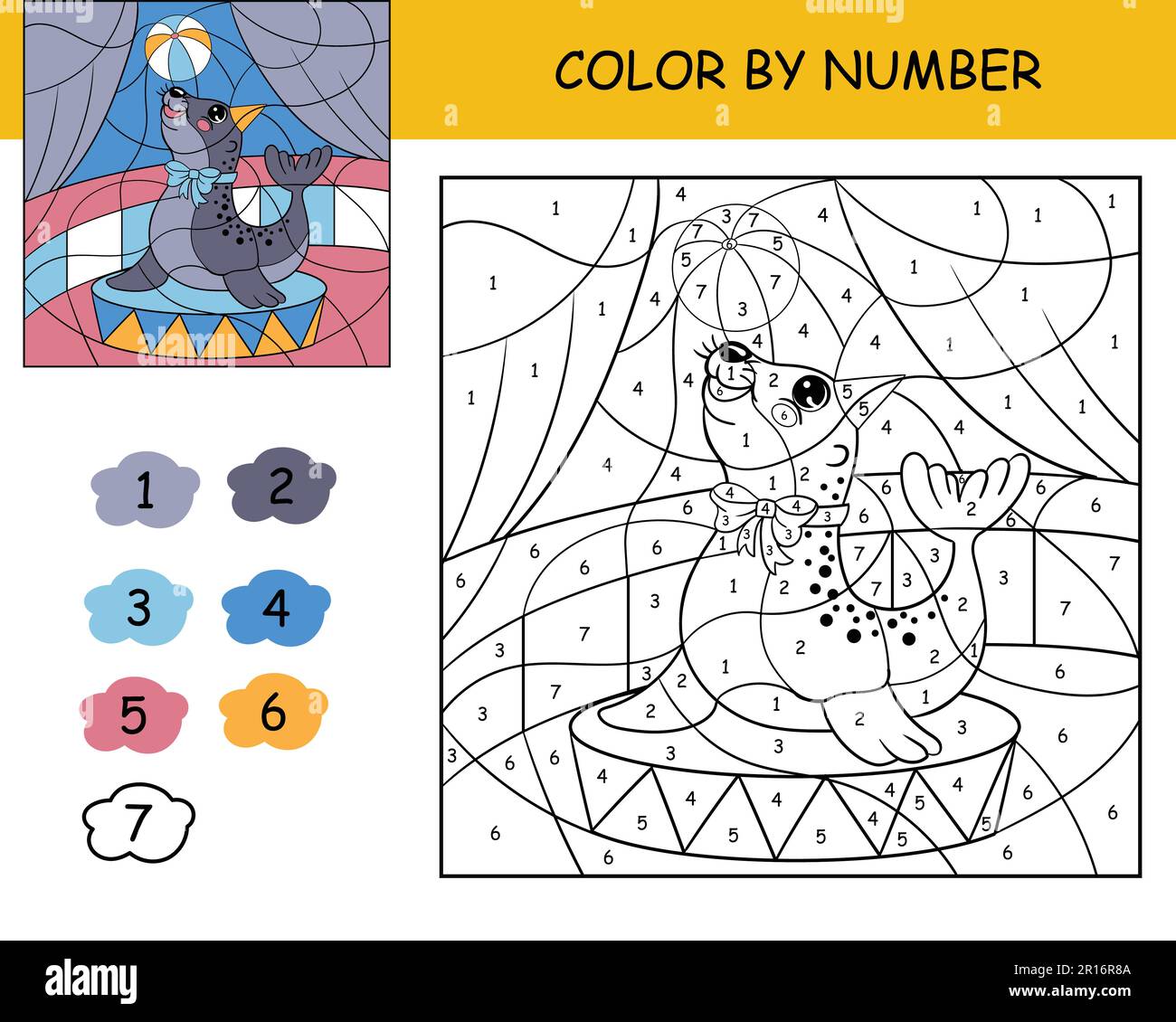 Coloring puzzle with number of color for kids with circus seal with a ball. Printable coloring page for kids leisure.Black and white picture with colo Stock Vector