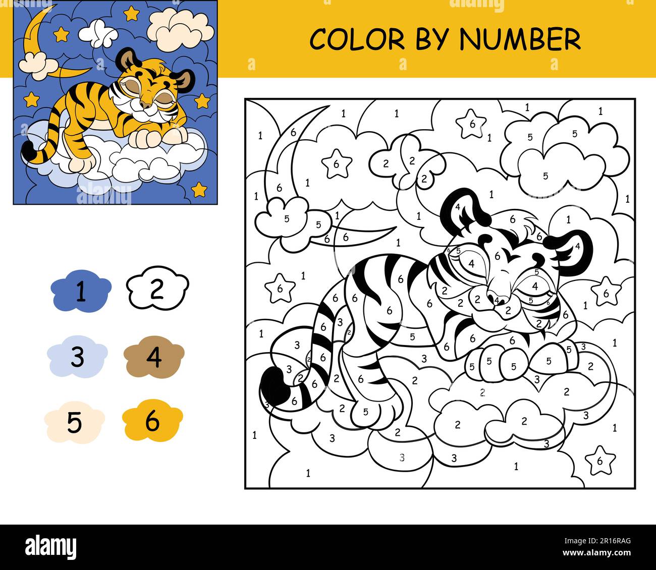 Coloring puzzle with number of color for kids with cute dreaming tiger. Printable coloring page for kids leisure. Black and white picture with color i Stock Vector
