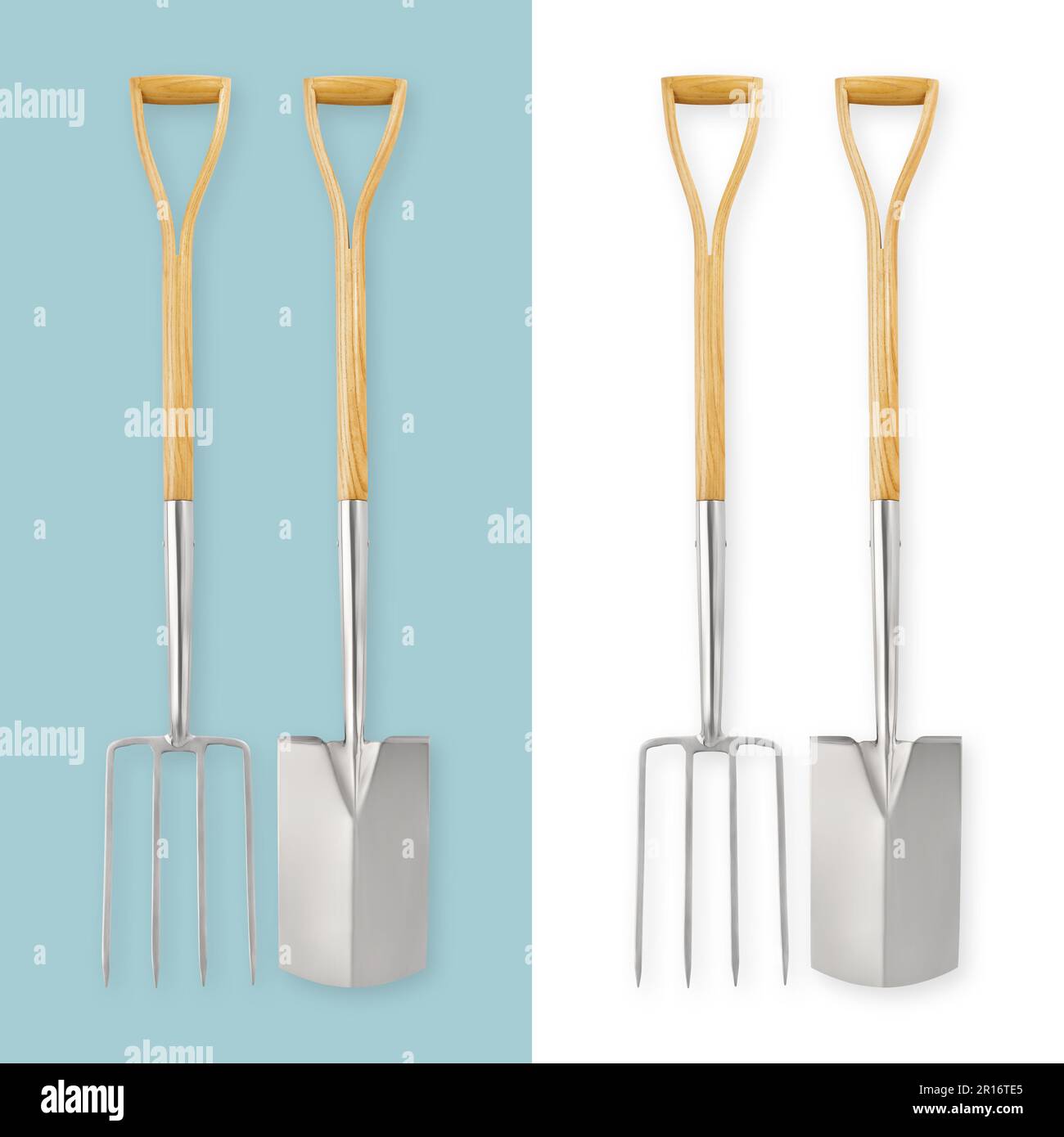 Gardening tools. Stainless steel spade and digging fork with wooden handle,  vegetable garden work. Planting Equipment, spring time concept. Top view i  Stock Photo - Alamy