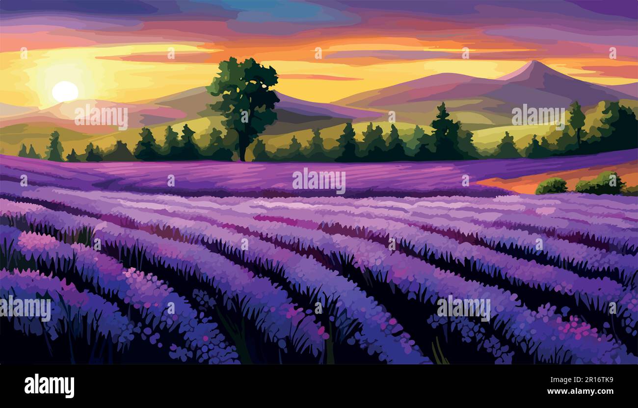 Wallpaper beautiful lavender field landscape against backdrop mountains ...