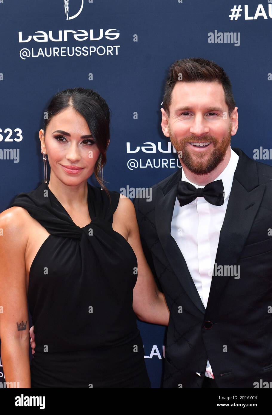 Lionel Messi and wife Antonella Roccuzzo arrives at the 2023 Laureus World Sport Awards Paris red carpet arrivals at Cour Vendome Stock Photo