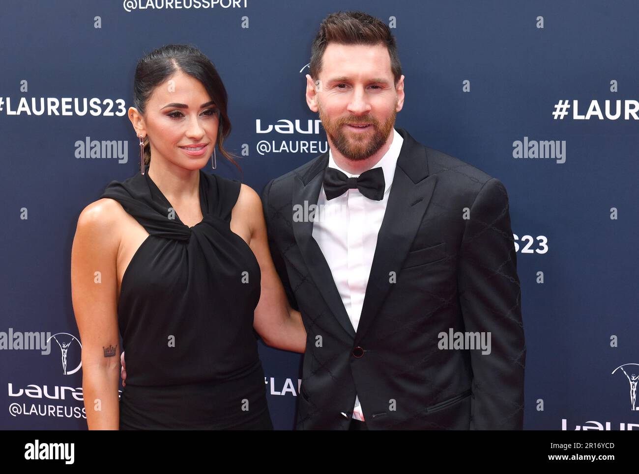 Lionel Messi and wife Antonella Roccuzzo arrives at the 2023 Laureus World Sport Awards Paris red carpet arrivals at Cour Vendome Stock Photo