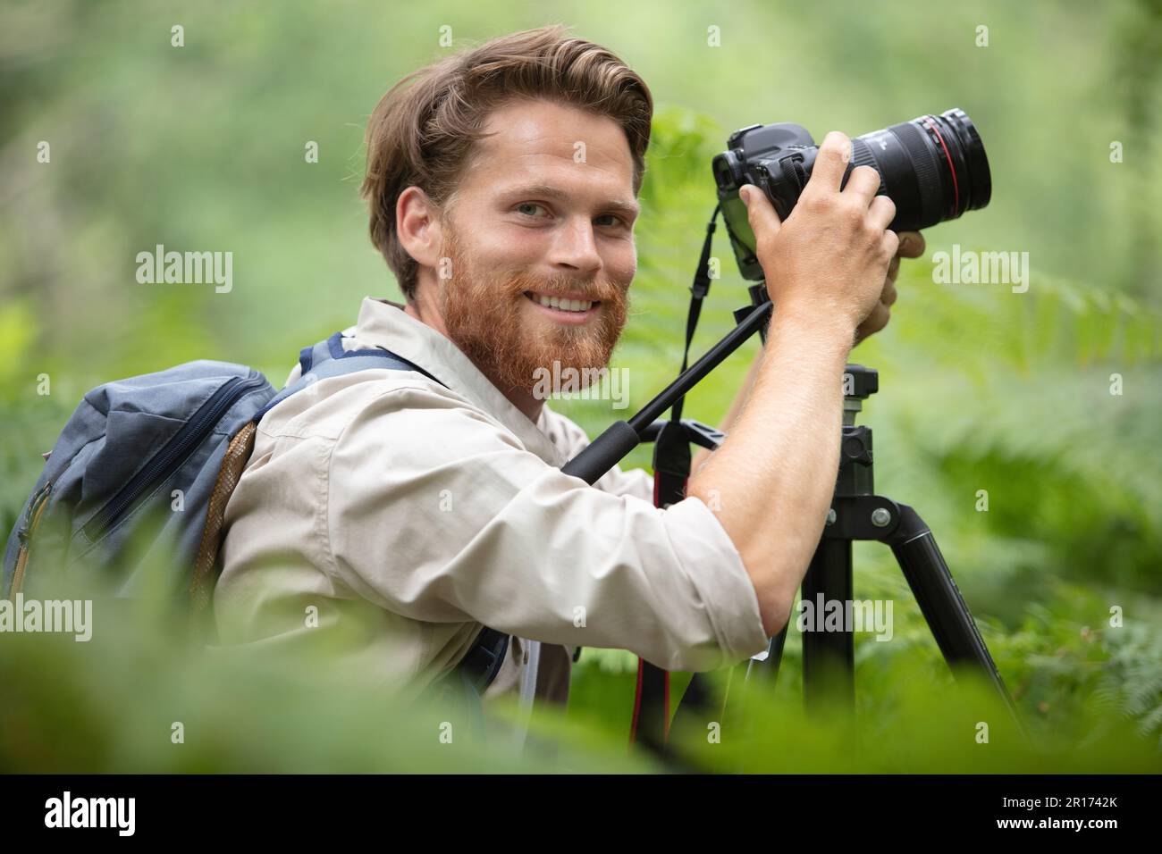 nature photographer taking photo in forest with camera on tripod Stock ...