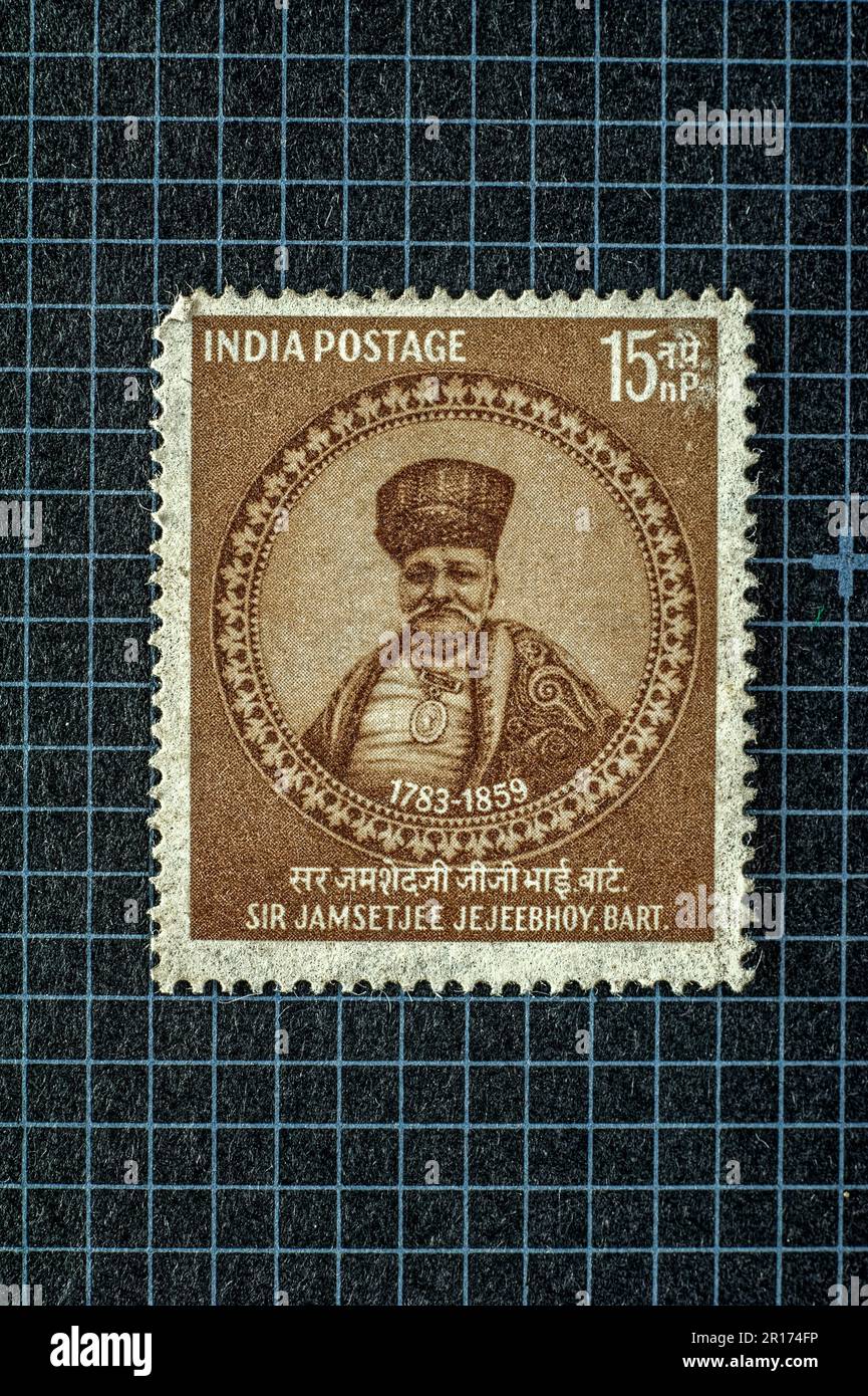 03 26 2014 Vintage MINT Postal Stamp of Sir Jamsetjee Jejeebhoy.BART 1783-1859 Studioshot Lokgram Kalyan Maharashtra India.Asia. Stock Photo