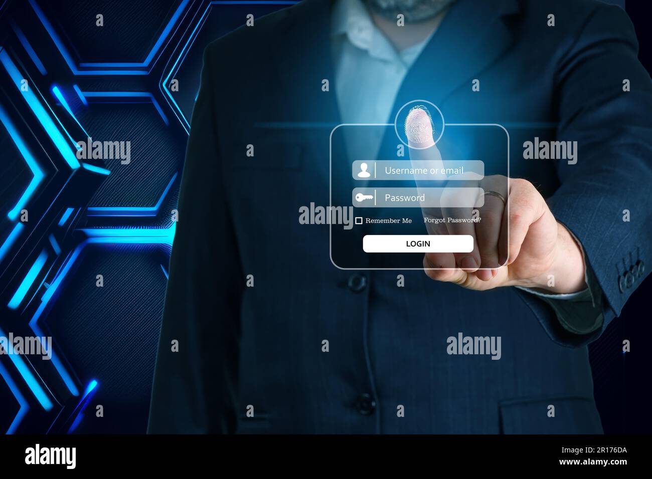 Businessman hand touching screen to login. Enter Username, Password for Login. Online Security Stock Photo