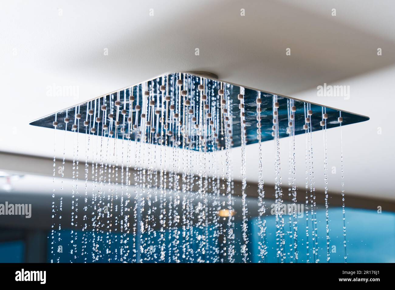 Water flows from the tropical shower. Large water consumption. Chrome