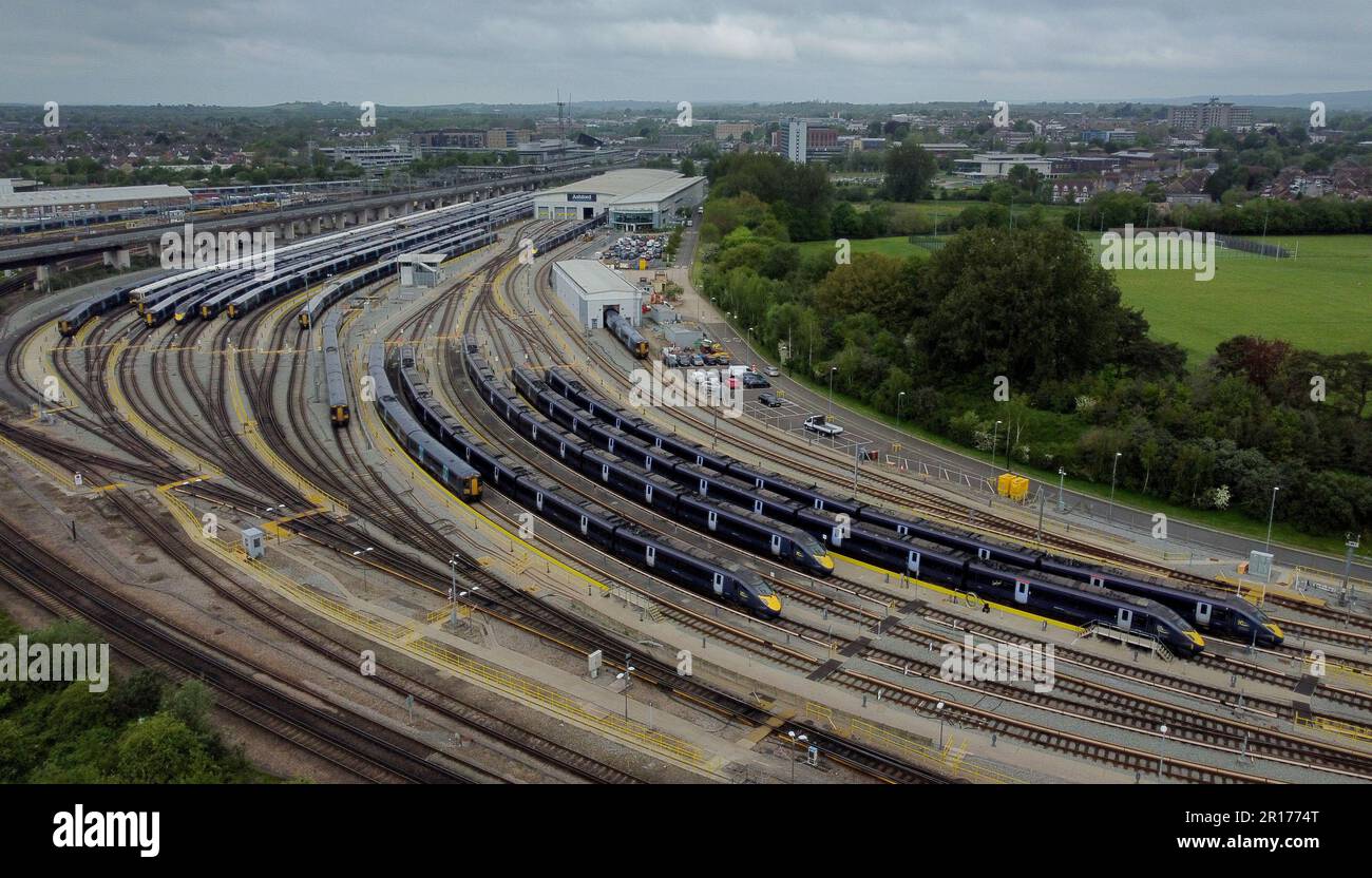 Southeastern trains in sidings at Ashford International railway station