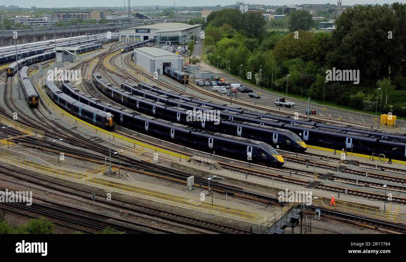 Southeastern trains in sidings at Ashford International railway station