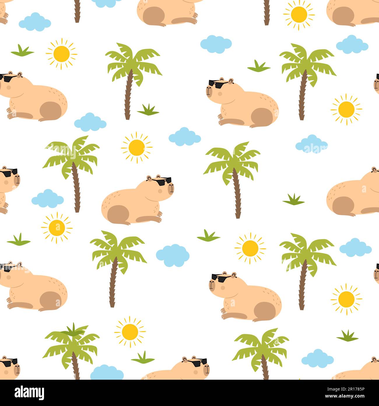 Capybara animal seamless with palm tree, sun and cloudy Stock Vector