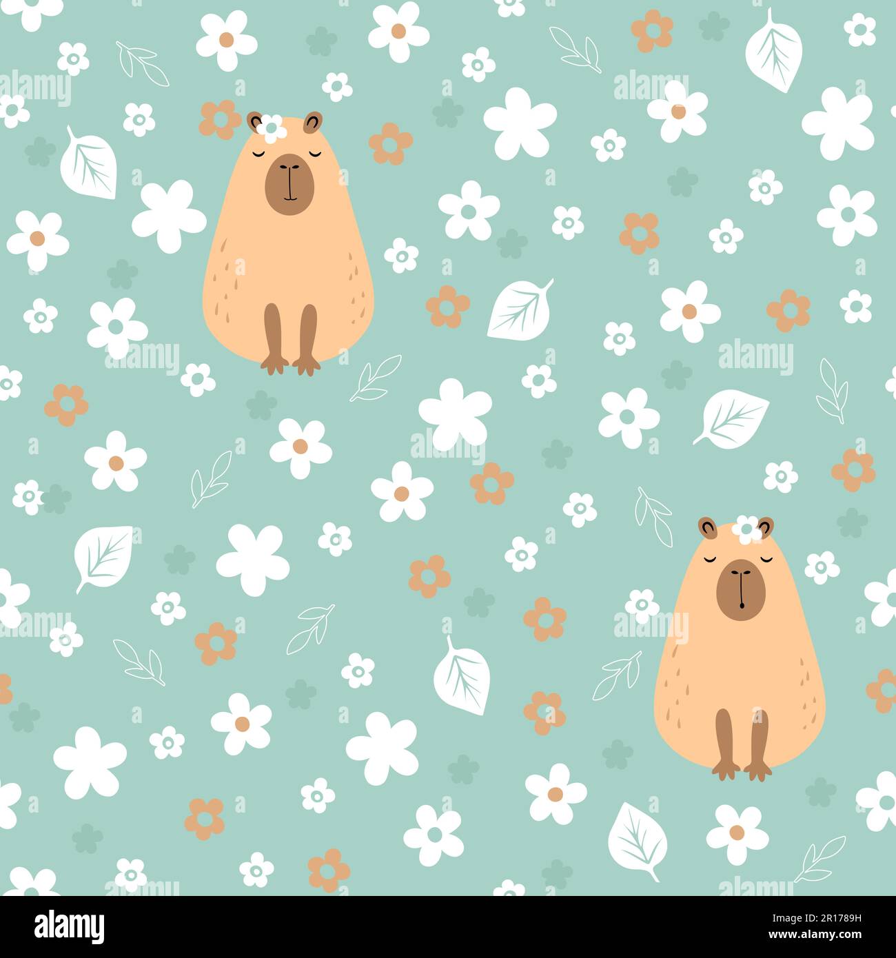 Seamless funny capybara with flowers. Guinea pig print Stock Vector
